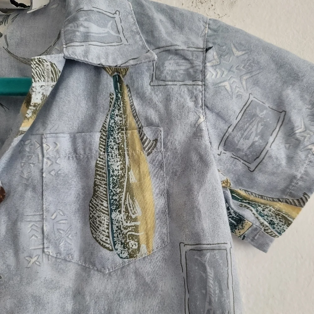Cocoamo Kids Resort Wear Blue Hawaiian‎ Button Up Shirt Fish Aloha